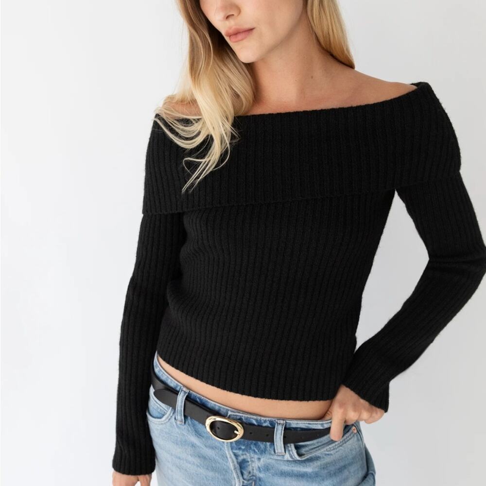 Oak + Fort Ribbed Funnel Neck Sweater Women XS Oatmeal Knit - Picture 2 of 9